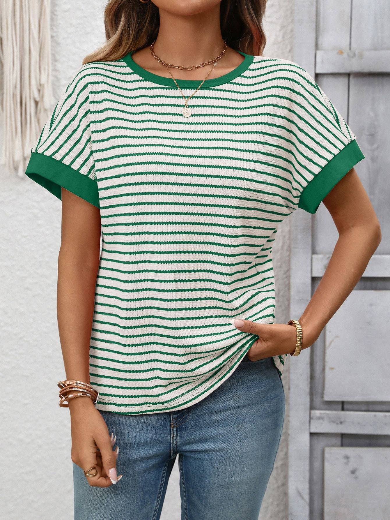 Striped Colorblock Short Sleeve Knit Tee for Women