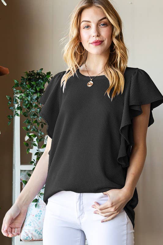 ET7535-10 SHORT RUFFLED SLEEVE SOLID URBAN RIBBED TOP