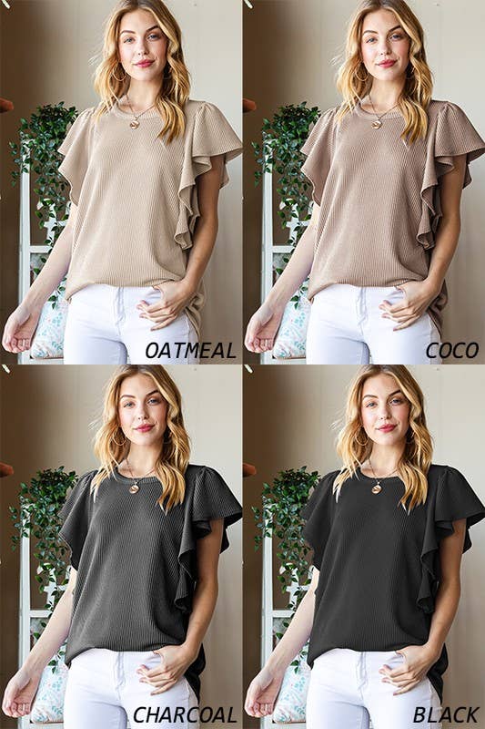 ET7535-10 SHORT RUFFLED SLEEVE SOLID URBAN RIBBED TOP