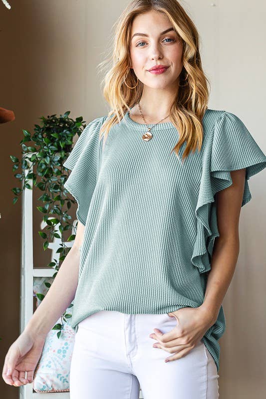 ET7535-10 SHORT RUFFLED SLEEVE SOLID URBAN RIBBED TOP