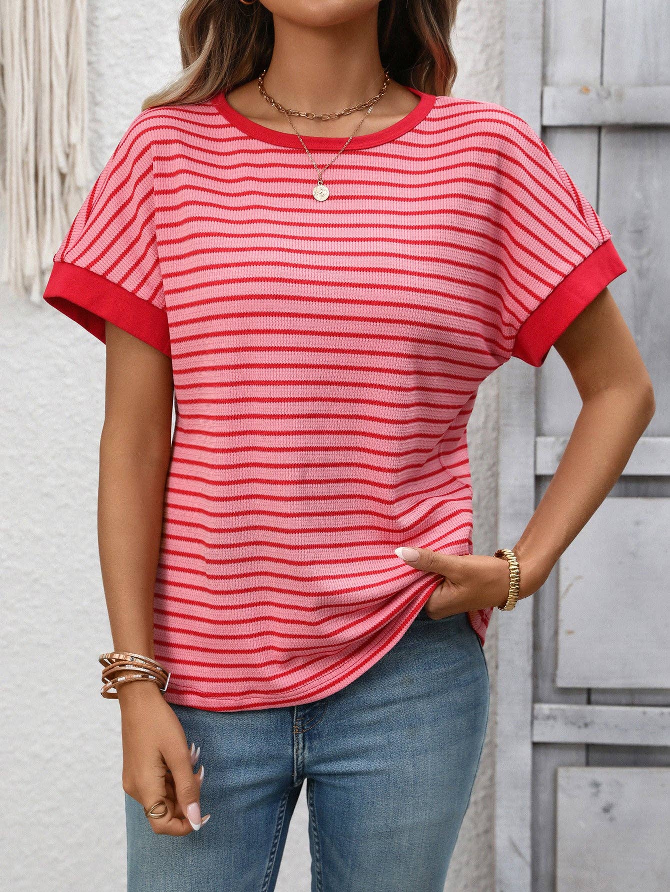 Striped Colorblock Short Sleeve Knit Tee for Women