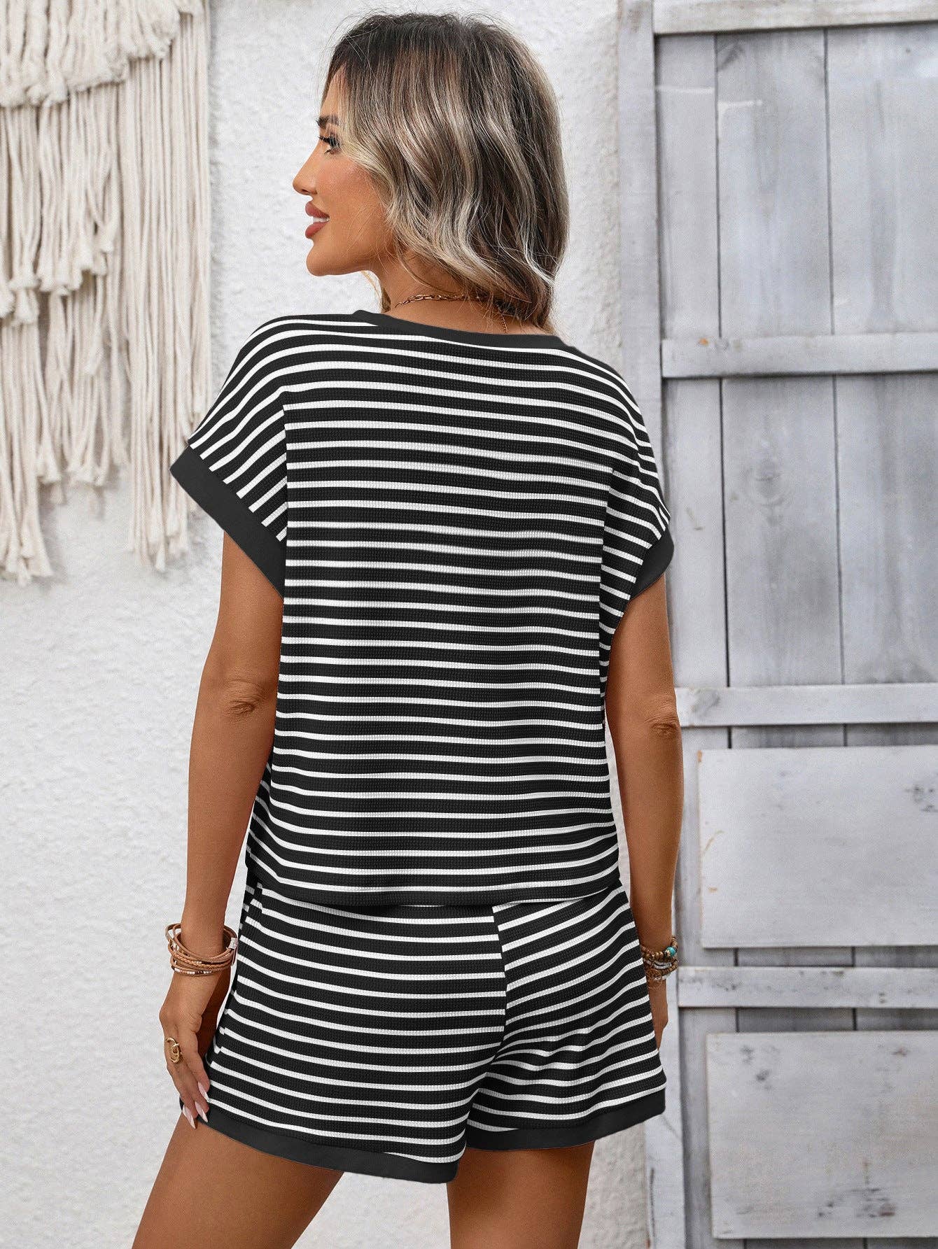 Pink Striped Short Sleeve Top and Shorts Lounge Set