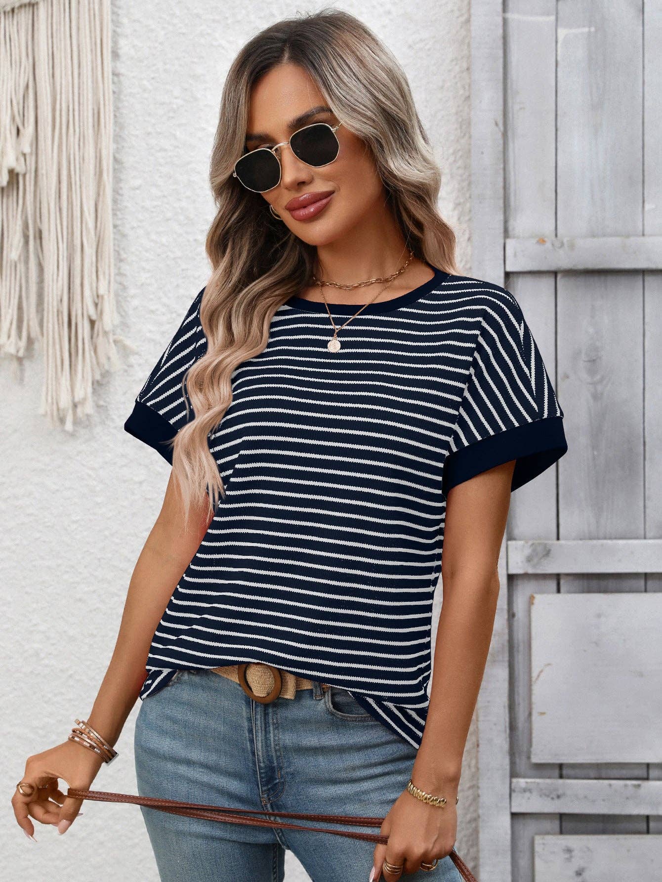 Striped Colorblock Short Sleeve Knit Tee for Women
