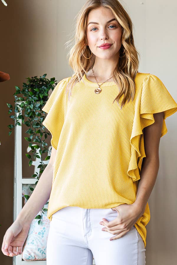 ET7535-10 SHORT RUFFLED SLEEVE SOLID URBAN RIBBED TOP
