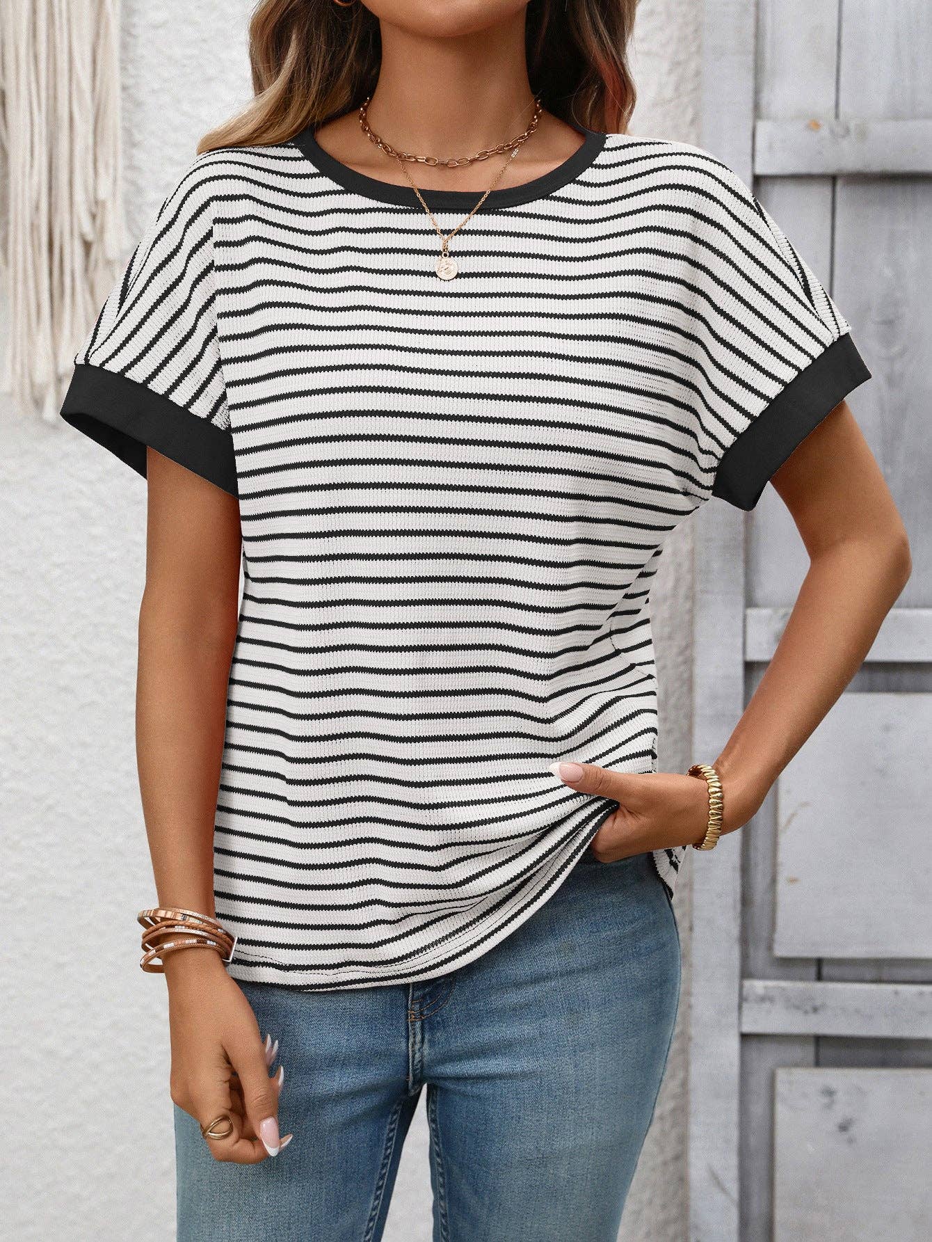 Striped Colorblock Short Sleeve Knit Tee for Women