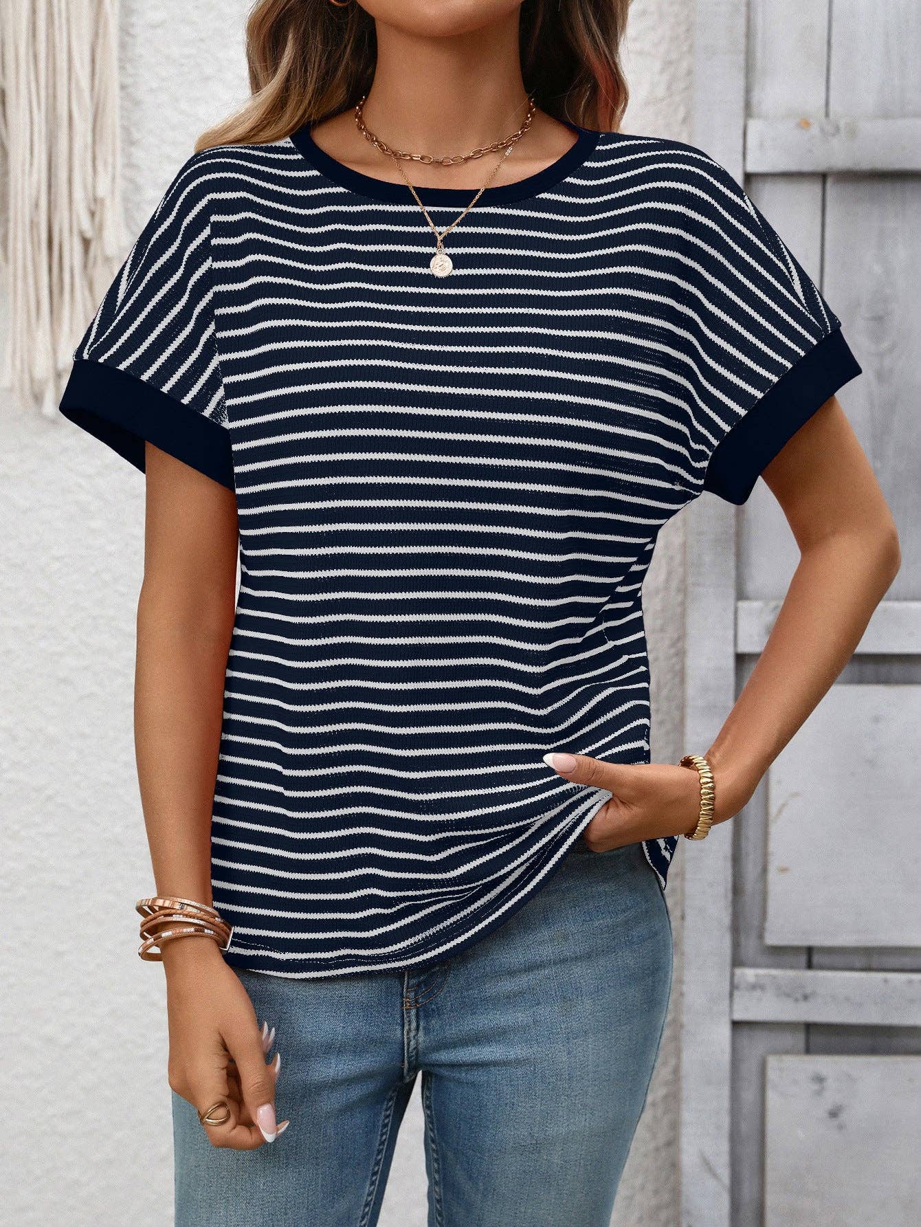 Striped Colorblock Short Sleeve Knit Tee for Women