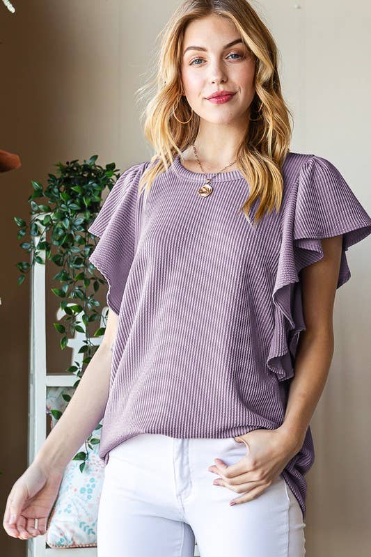 ET7535-10 SHORT RUFFLED SLEEVE SOLID URBAN RIBBED TOP