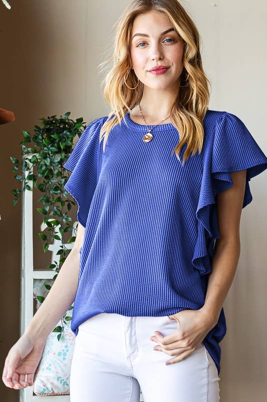 ET7535-10 SHORT RUFFLED SLEEVE SOLID URBAN RIBBED TOP
