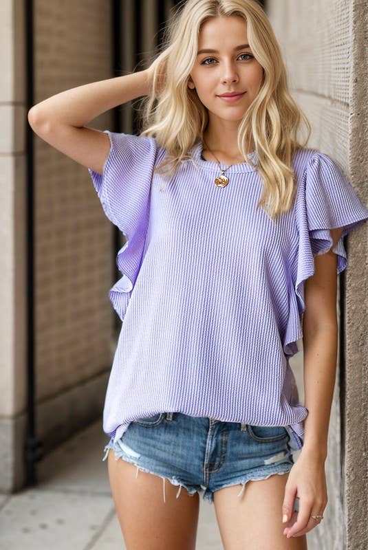 ET7535-10 SHORT RUFFLED SLEEVE SOLID URBAN RIBBED TOP