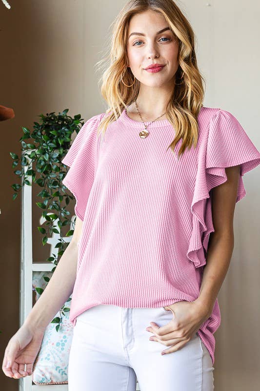 ET7535-10 SHORT RUFFLED SLEEVE SOLID URBAN RIBBED TOP