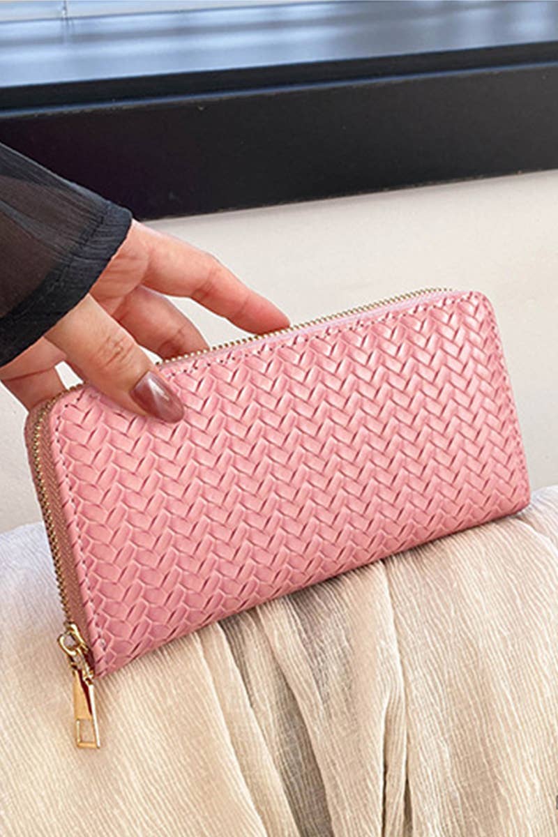 Trendy Vegan Leather Woven Weave Long Wallet