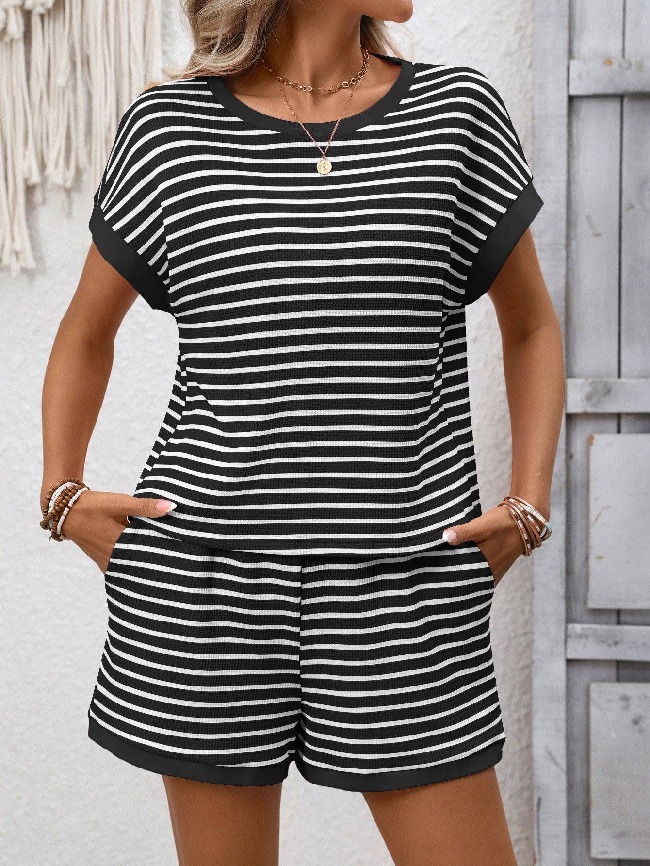 Pink Striped Short Sleeve Top and Shorts Lounge Set
