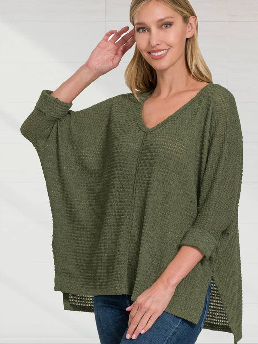 3/4 SLEEVE V-NECK HI-LOW HEM JACQUARD SWEATER