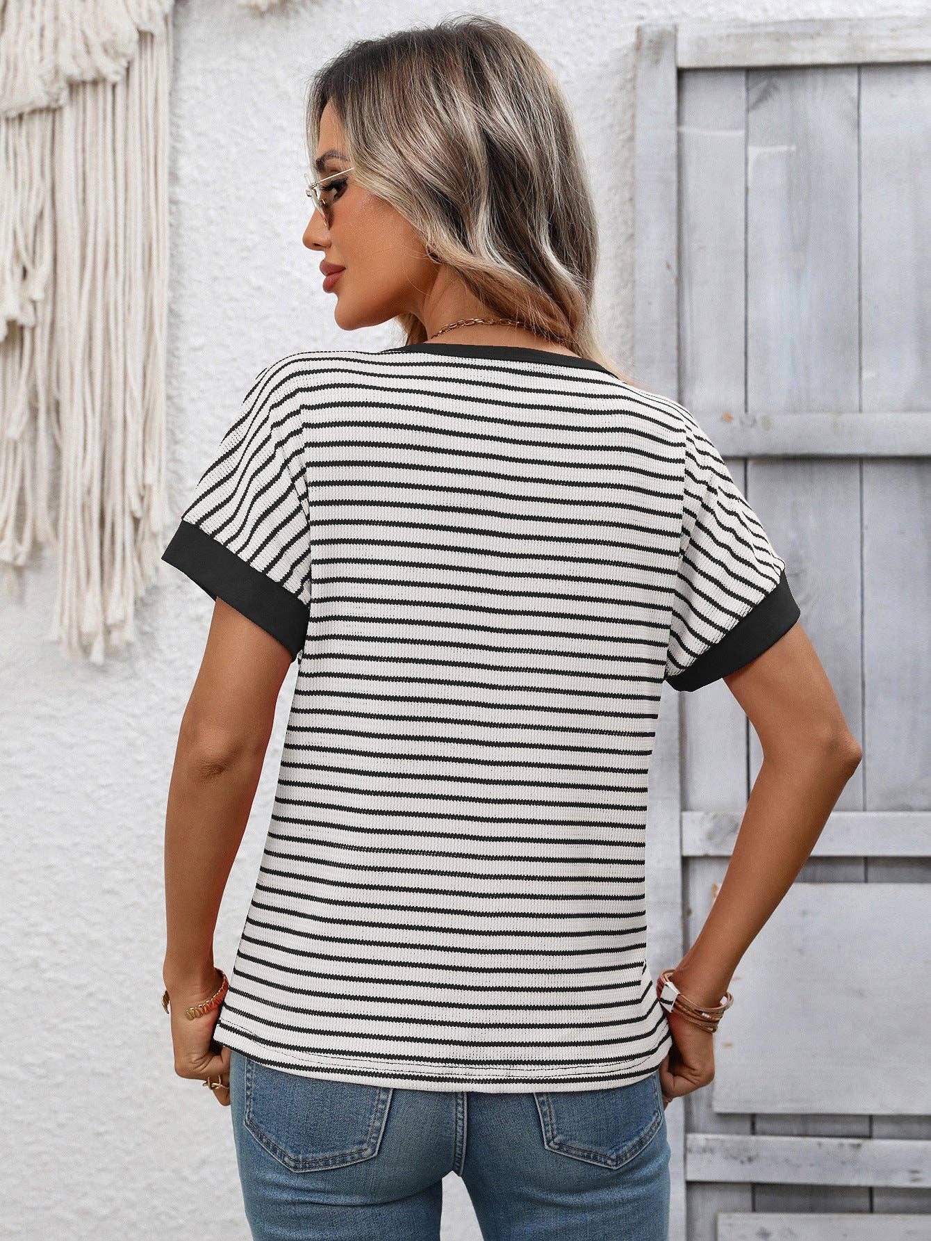 Striped Colorblock Short Sleeve Knit Tee for Women
