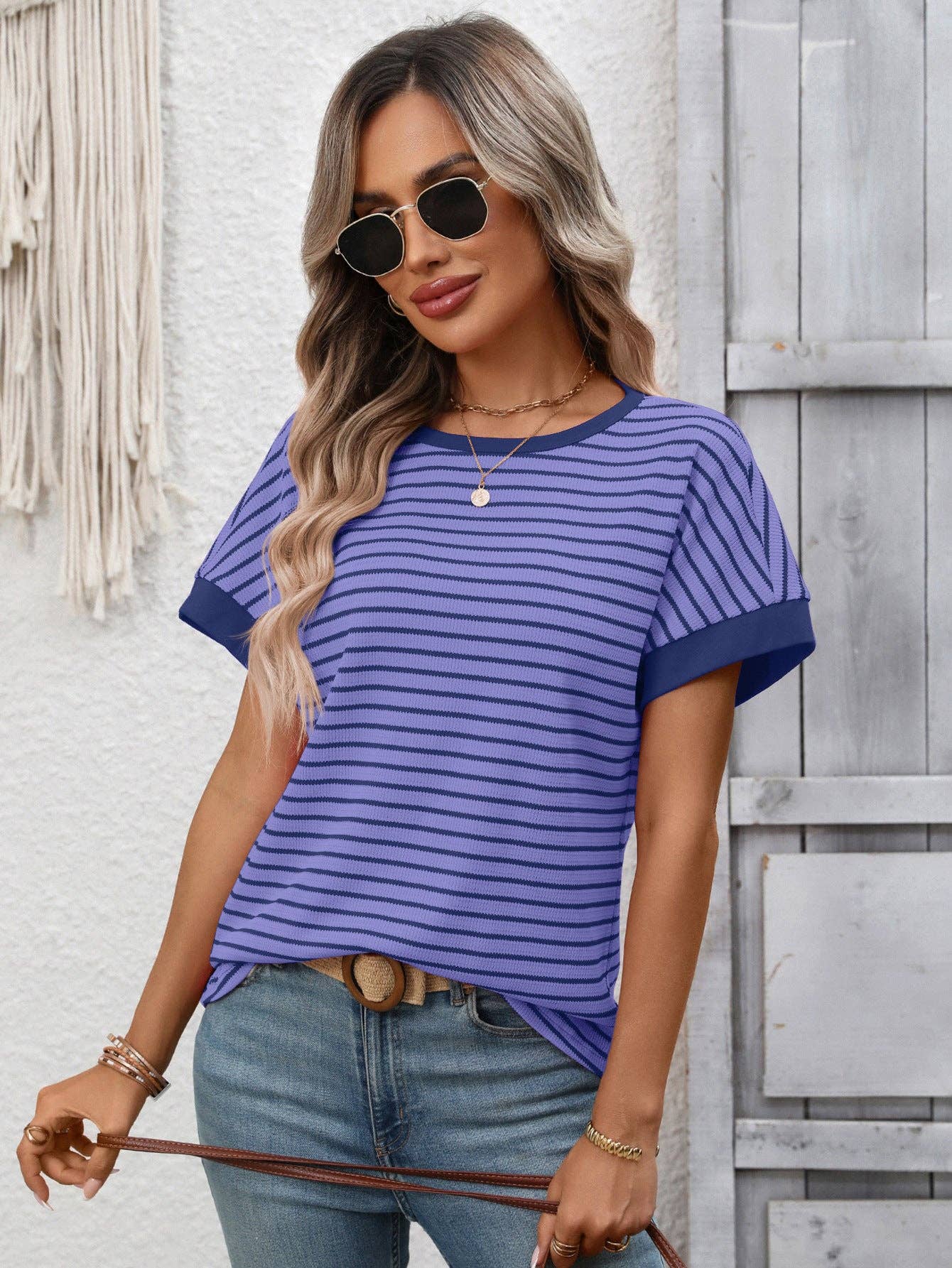 Striped Colorblock Short Sleeve Knit Tee for Women