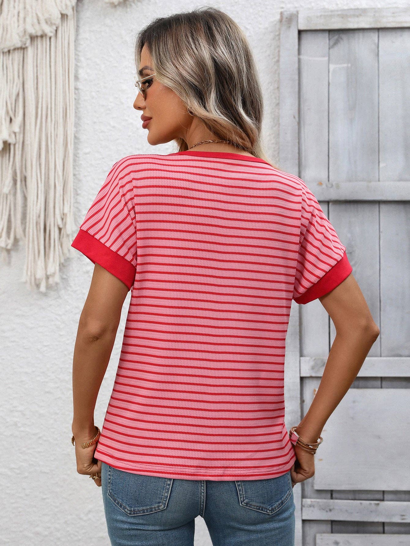 Striped Colorblock Short Sleeve Knit Tee for Women