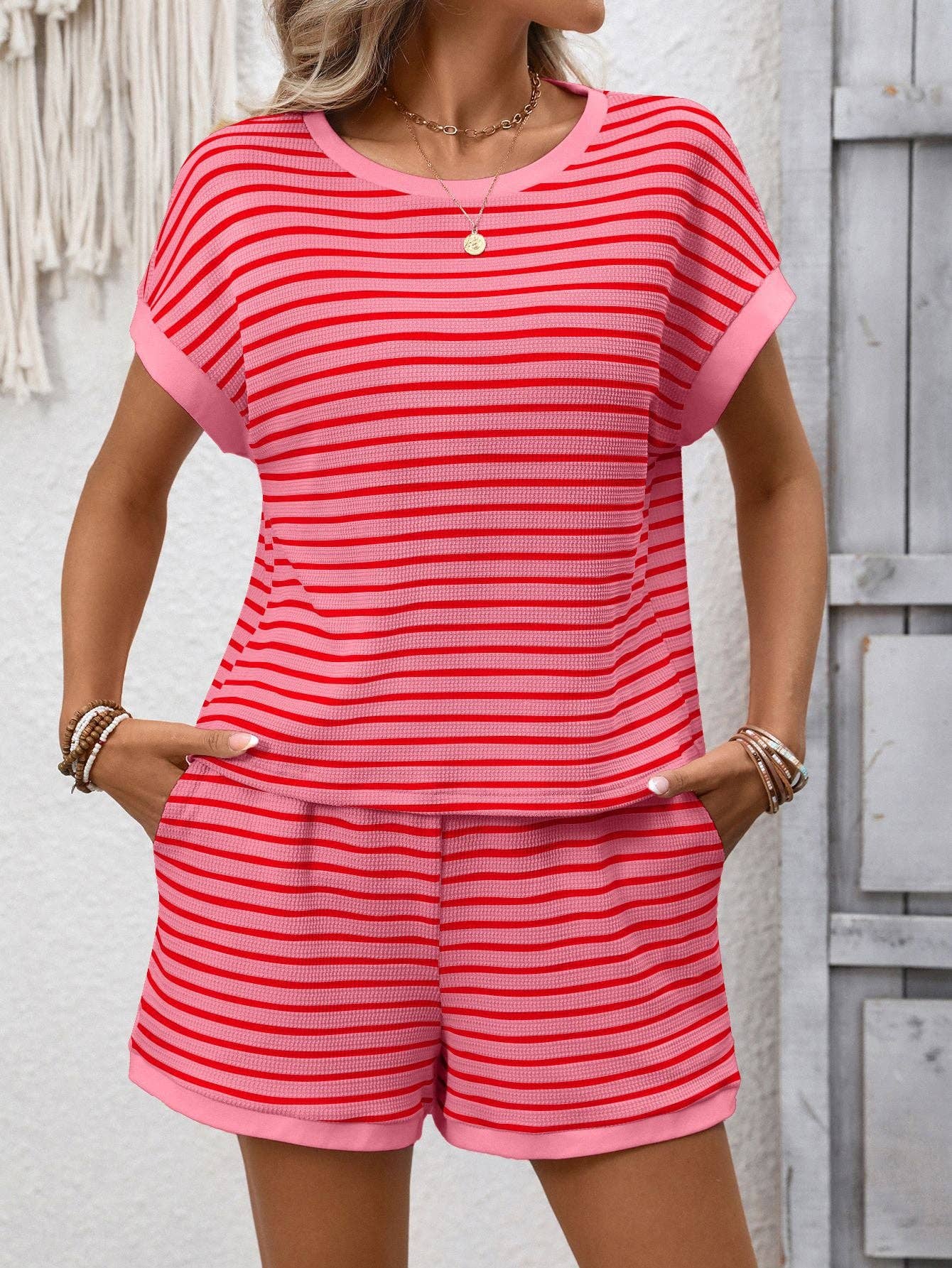 Pink Striped Short Sleeve Top and Shorts Lounge Set
