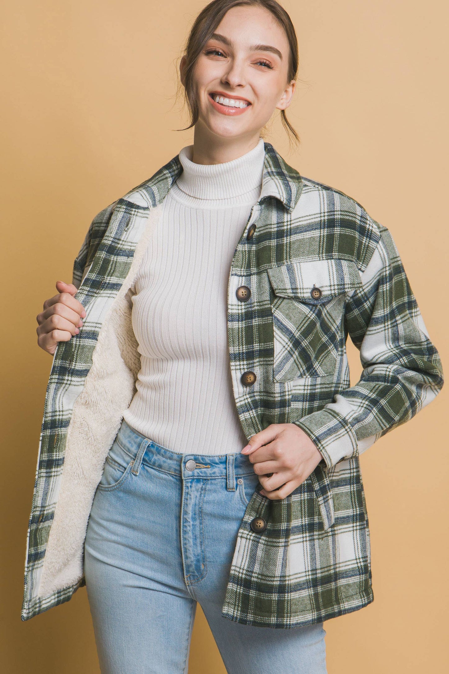 Plaid Button Up Shacket with Sherpa Lining