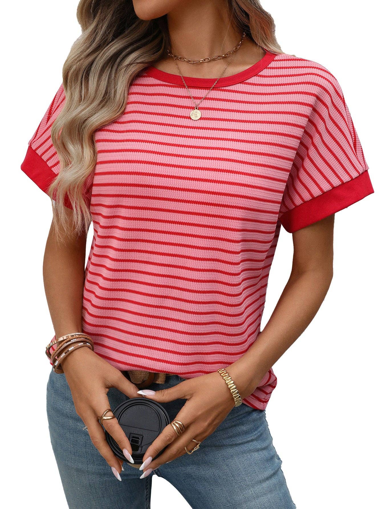 Striped Colorblock Short Sleeve Knit Tee for Women