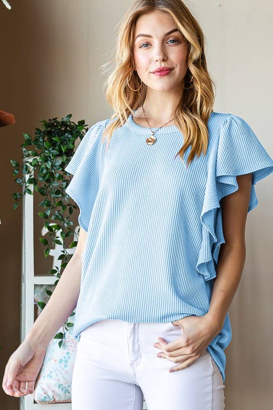 ET7535-10 SHORT RUFFLED SLEEVE SOLID URBAN RIBBED TOP