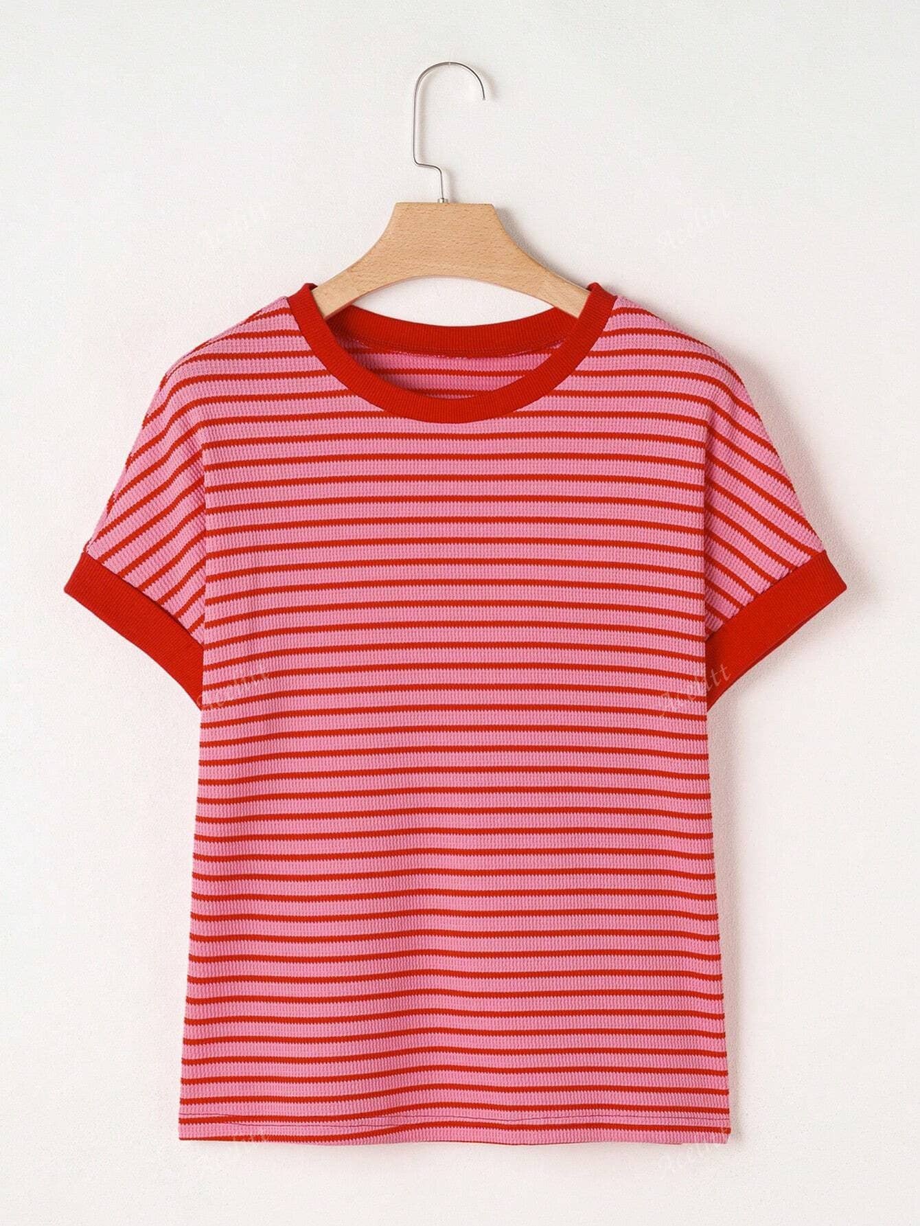 Striped Colorblock Short Sleeve Knit Tee for Women