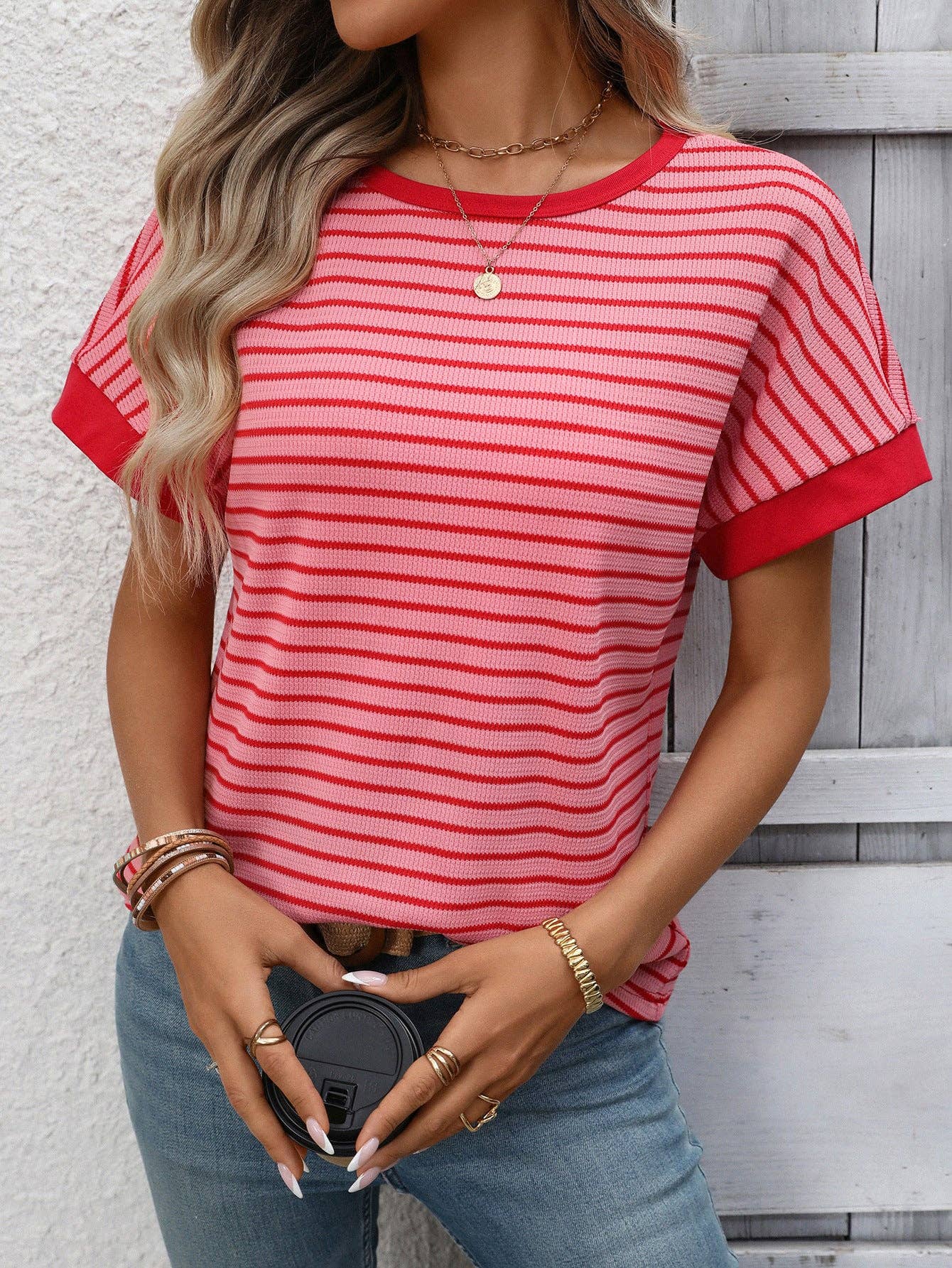 Striped Colorblock Short Sleeve Knit Tee for Women