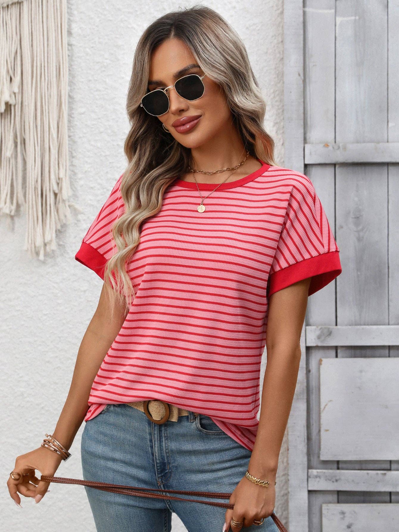 Striped Colorblock Short Sleeve Knit Tee for Women