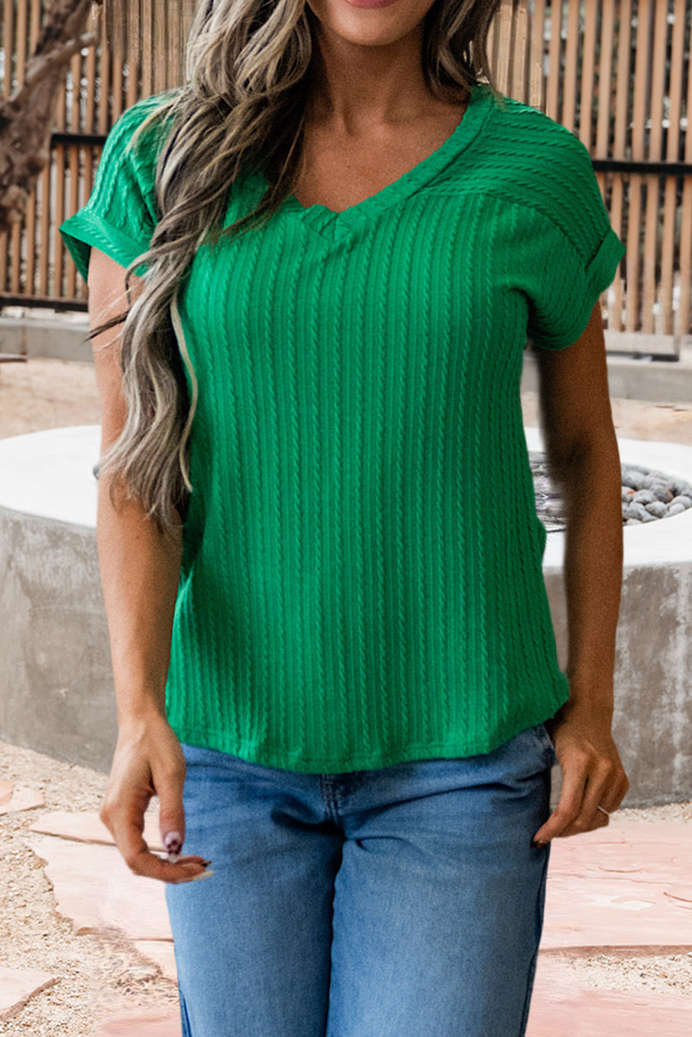 Twisted Texture Knit V Neck T Shirt (S-XL)