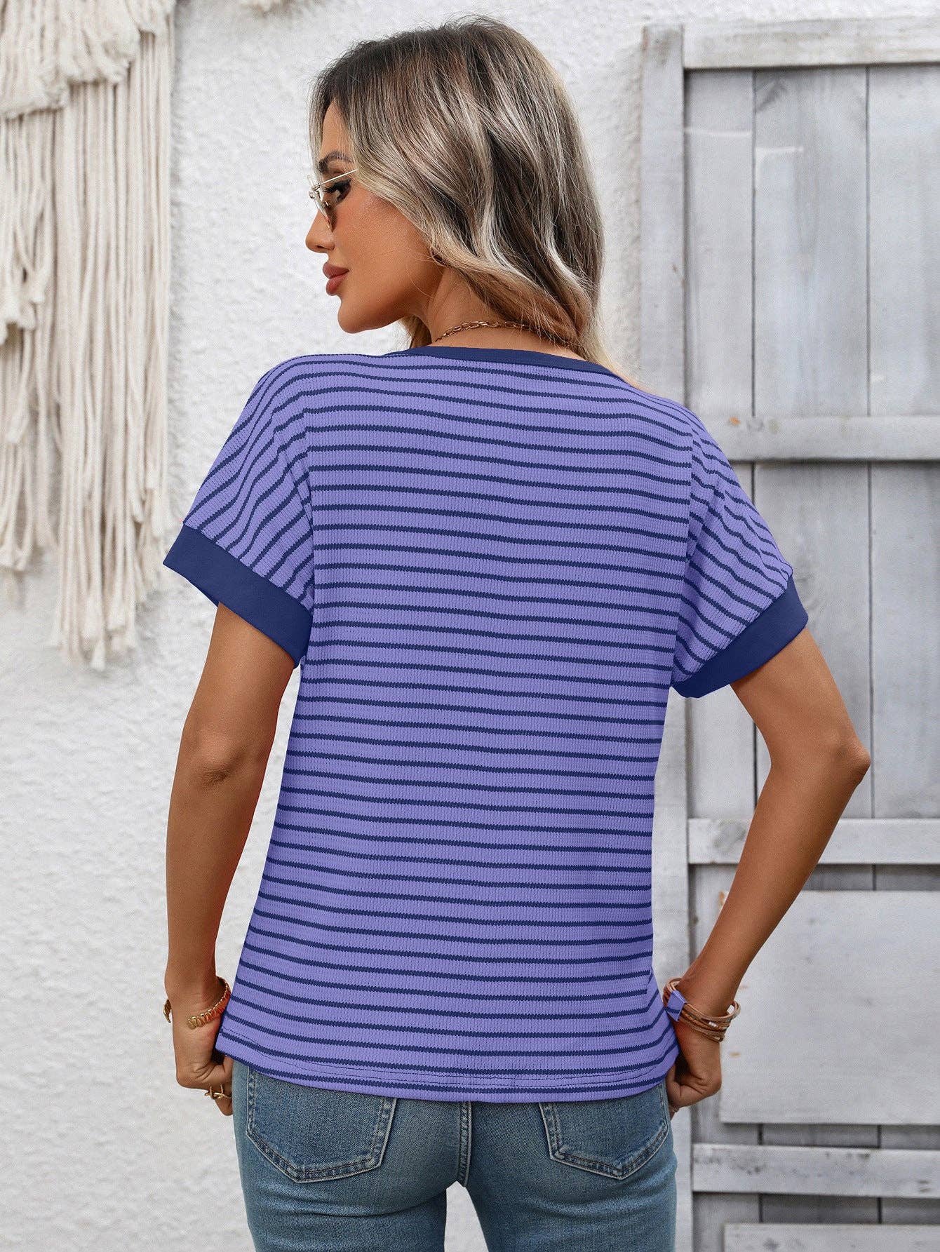 Striped Colorblock Short Sleeve Knit Tee for Women