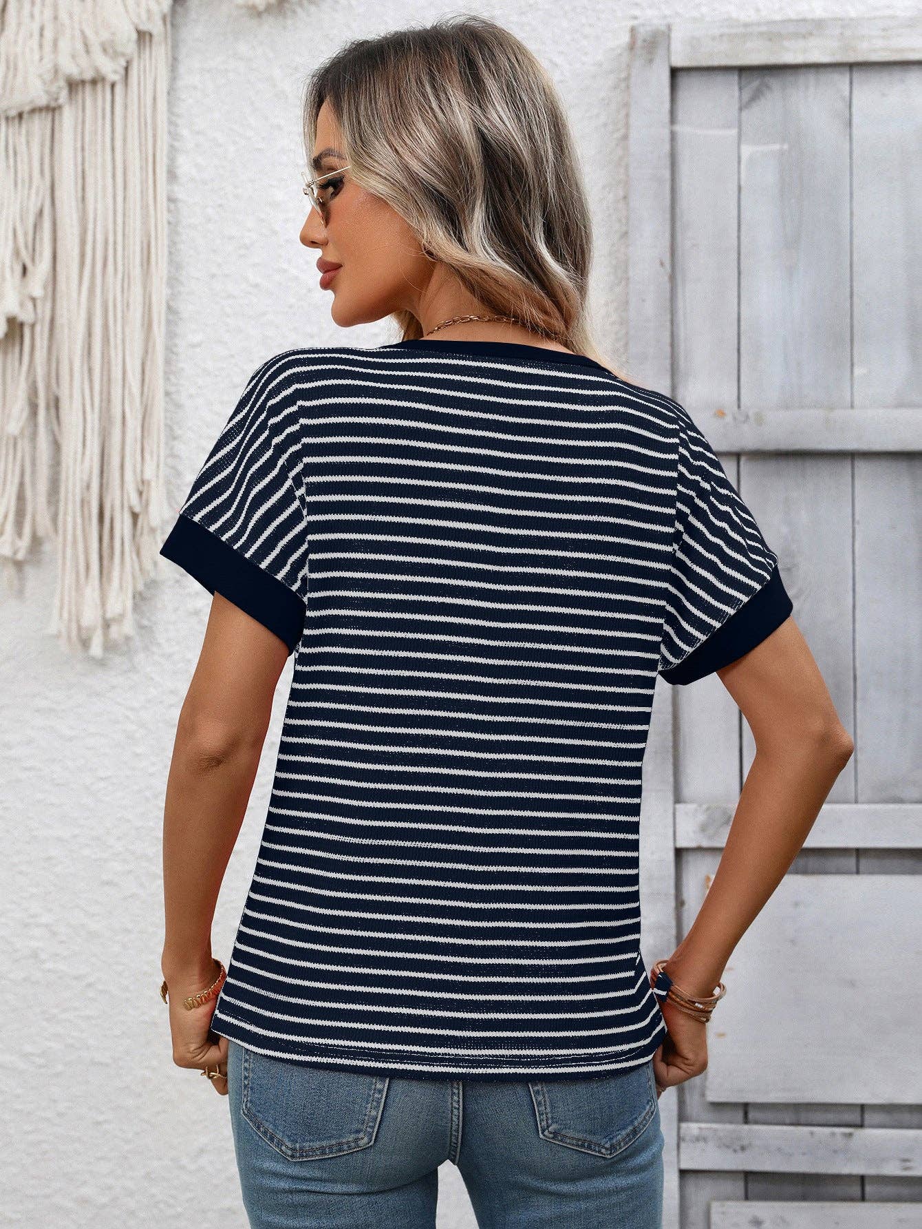 Striped Colorblock Short Sleeve Knit Tee for Women