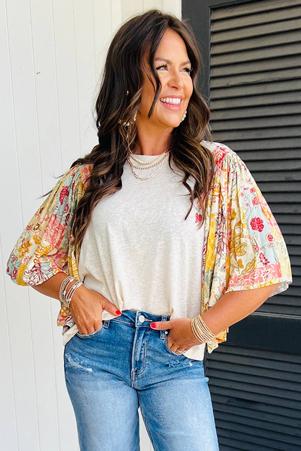 Beige Floral Patchwork Batwing Sleeve Round Neck Blouse