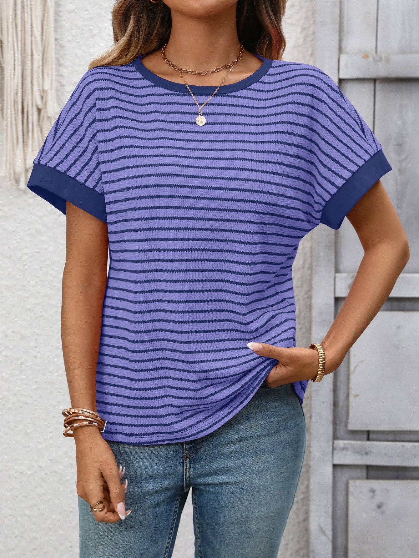 Striped Colorblock Short Sleeve Knit Tee for Women