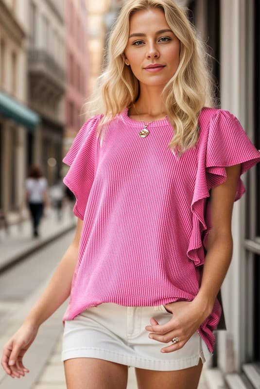 ET7535-10 SHORT RUFFLED SLEEVE SOLID URBAN RIBBED TOP