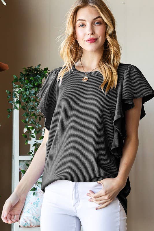 ET7535-10 SHORT RUFFLED SLEEVE SOLID URBAN RIBBED TOP