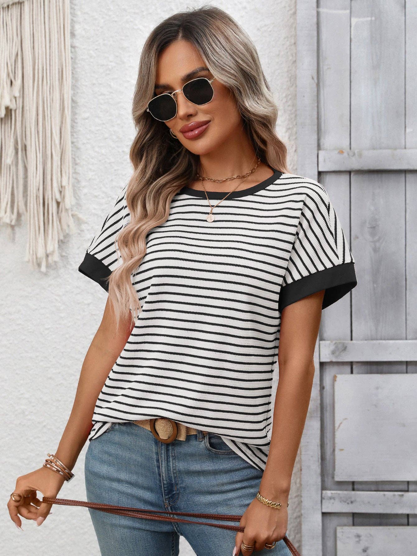 Striped Colorblock Short Sleeve Knit Tee for Women