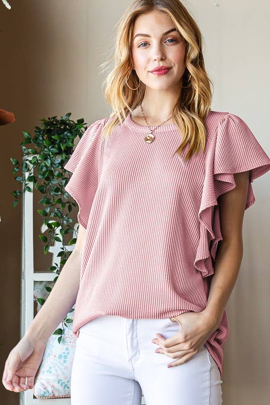 ET7535-10 SHORT RUFFLED SLEEVE SOLID URBAN RIBBED TOP