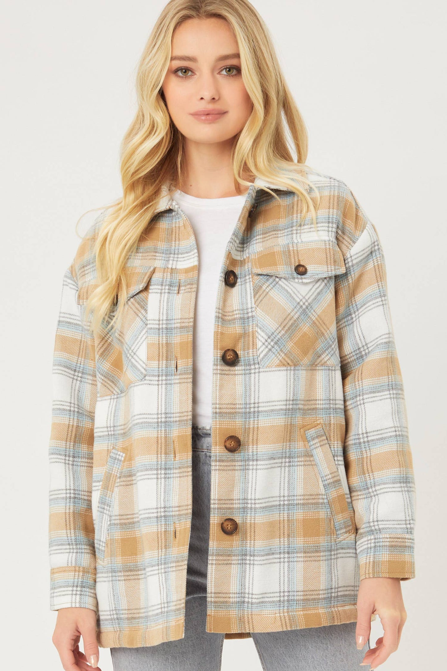 Plaid Button Up Shacket with Sherpa Lining